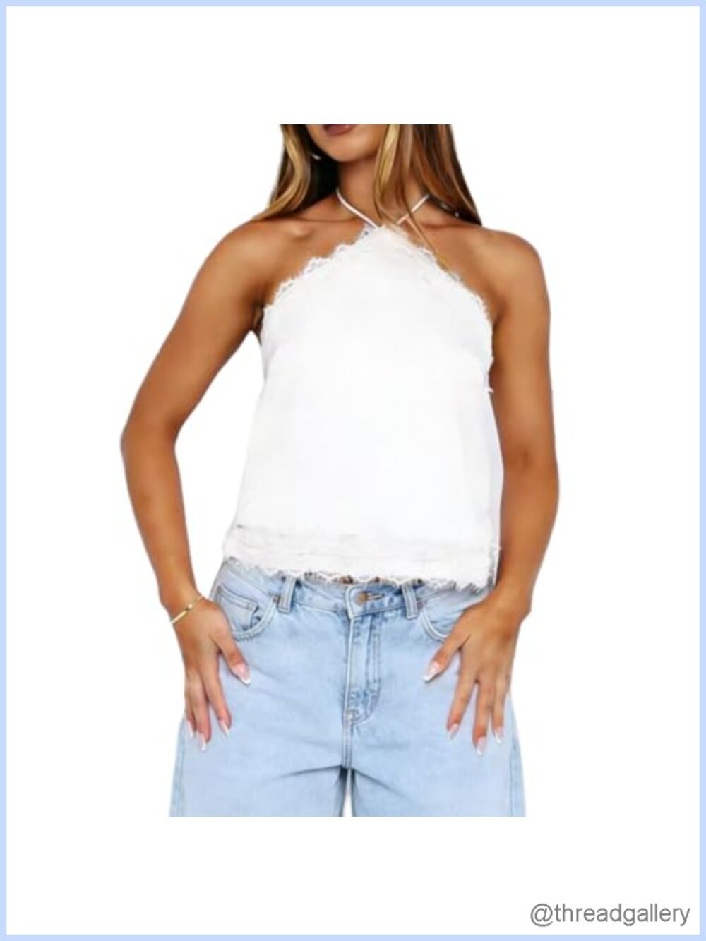 Women Halter Y2K Crop Top Sleeveless Lace Trim Open Back Coquette Cami